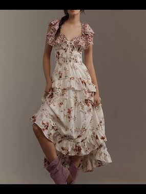 Anthropologie Maeve Floral Ruffle Maxi Dress in Cream and Pink